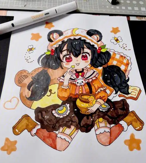 马克笔动漫人物手绘吃蜂蜜的可爱女孩