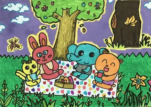 少儿书画作品-《动物聚餐》/儿童书画作品《动物聚餐》欣赏_中国少儿