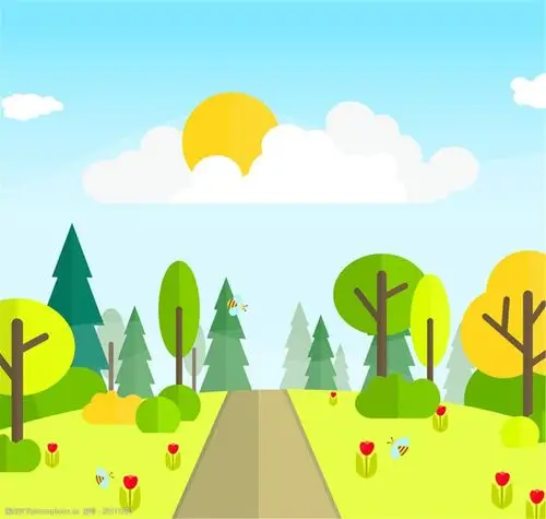 卡通树木和道路风景矢量素材