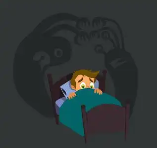 一个小男孩睡不着,非常害怕壁橱里的怪物. 童年的恐惧.