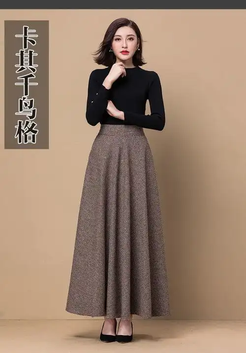 贝阳茉 中老年人毛呢半身裙秋冬款加肥加大裙秋冬毛呢格子半身裙女