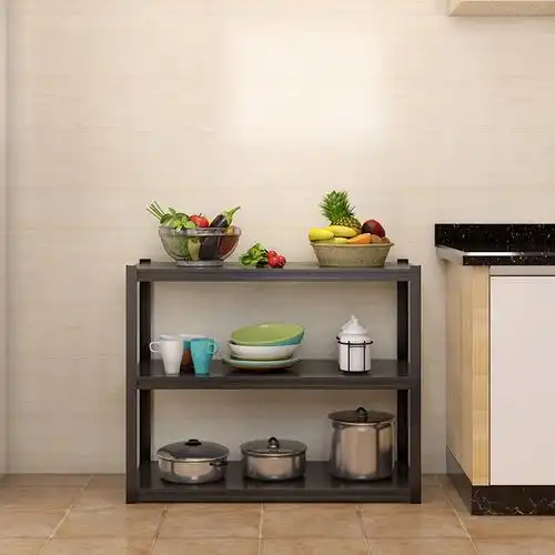 厨房置物架收纳储物架家用落地三层黑色客厅锅具微波炉电器小架子