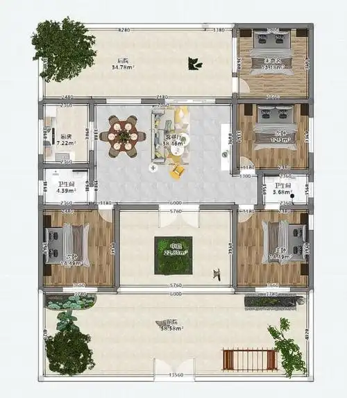 户型图设计3:4间卧室2:三合院布局1:一层中式风格设计要求:房间布局:4