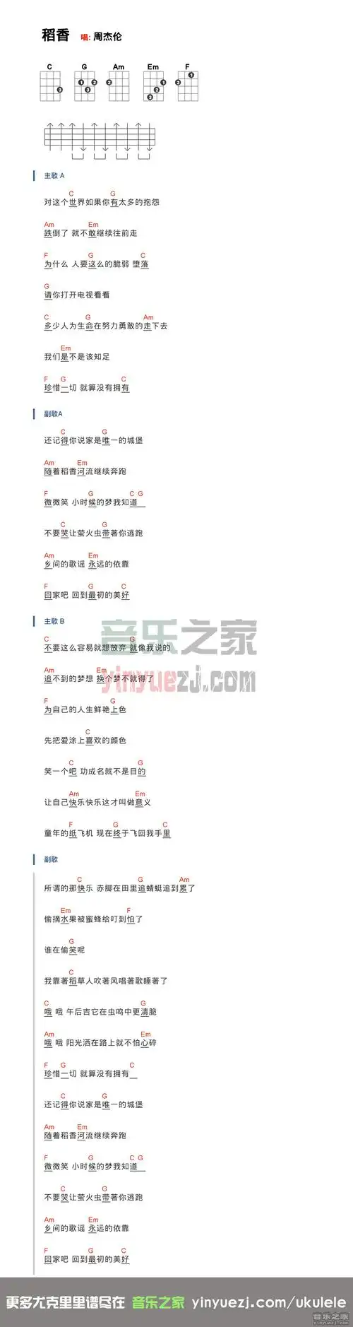 扫弦版 周杰伦《稻香》尤克里里弹唱谱