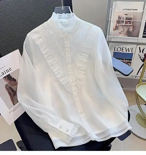 欧根纱长袖白衬衫女2024年早春季新款设计感小众木耳边修身衬衣 - 17