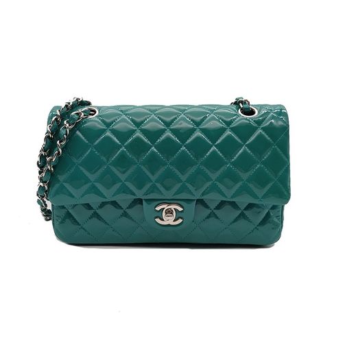 【二手9成新】chanel/香奈儿cf系列绿色漆皮女士时尚单肩斜挎包中号