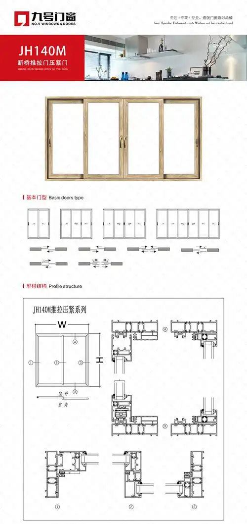 jh铝合金隔热断桥系列  外框规格:140mm  开启形式:推拉门  型材厚度