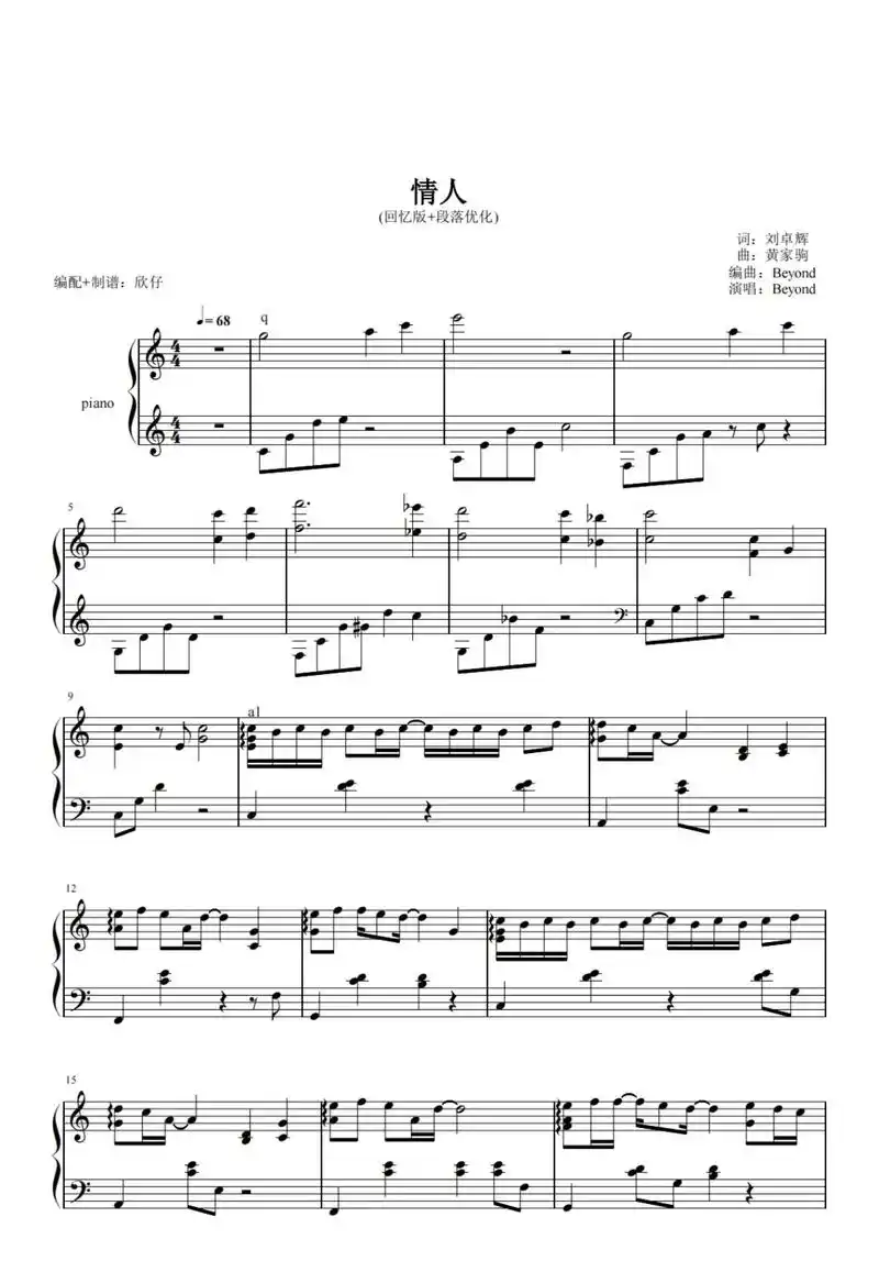 beyond《情人》经典永不过时.#钢琴谱分享 #五线谱 - 抖音