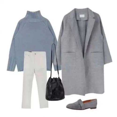 浅色大衣穿搭,蓝 灰