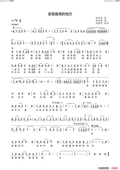 《家是最美的地方》简谱 刘瓦碴作词 解本康作曲  第1页