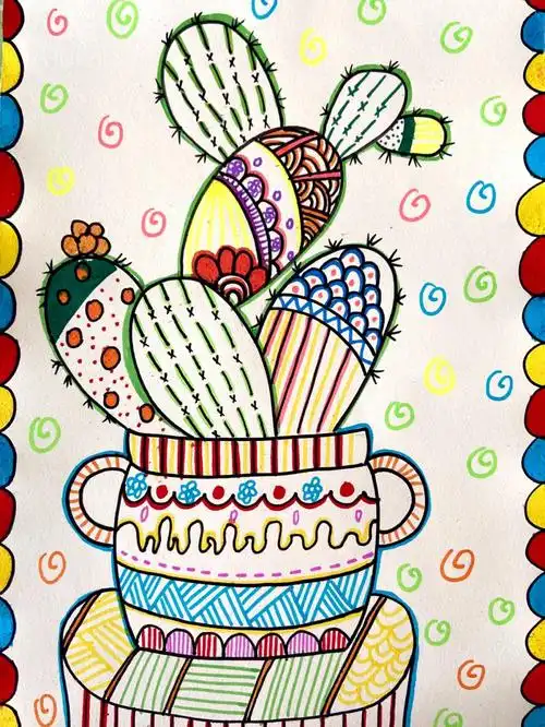 儿童画仙人掌彩色线描