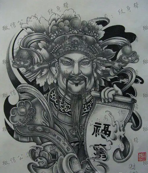 中国传统独特的财神纹身手稿素材