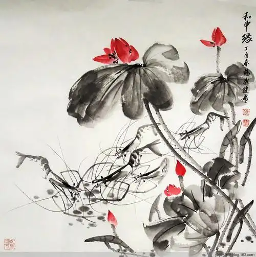 水墨虾与荷花(原画)