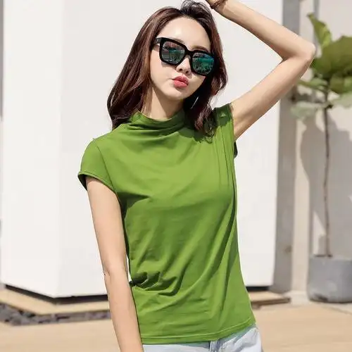 叶余短袖t恤女夏季半袖女装半截袖女 半高领宽松短袖t恤女夏打底衫薄