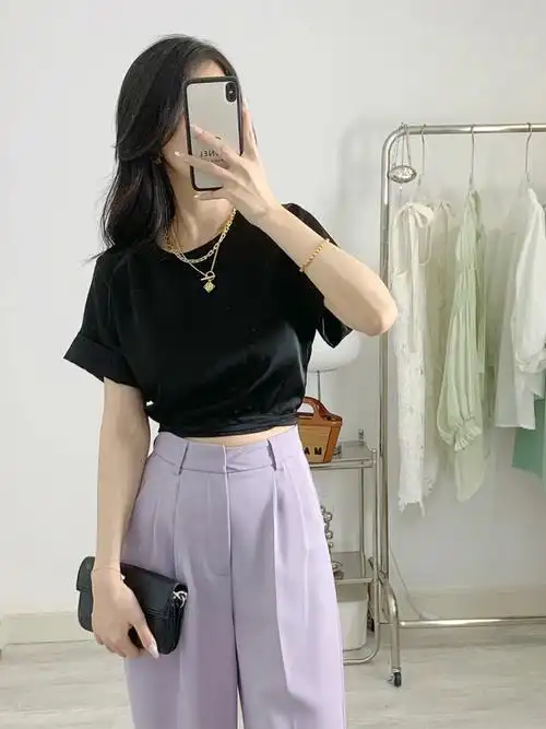 黑色缎面上衣质感满分99莫兰迪调紫色西装裤一套真的很高级了#笔记