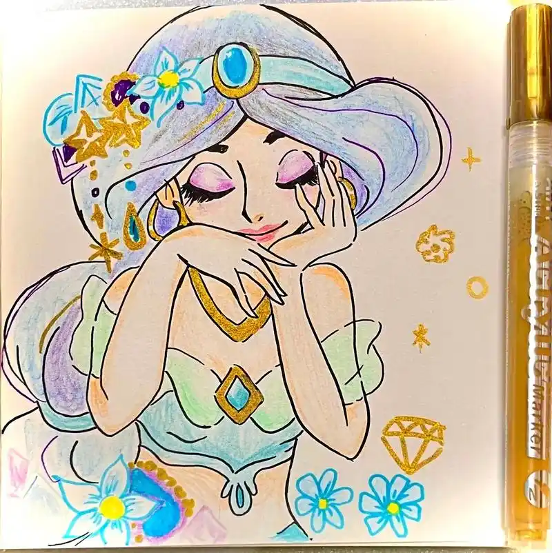 迪士尼在逃公主95,给茉莉公主上个妆.#手绘 #临摹 #一起 - 抖音