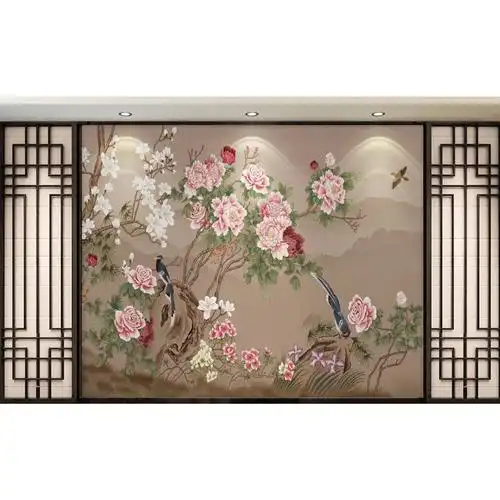 中式电视背景墙壁纸牡丹客厅卧室影视墙花开富贵墙纸定制壁画墙布