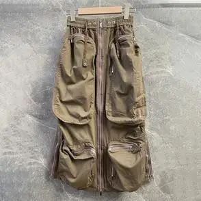 欧美时尚潮牌大口袋装饰弹力腰半身裙卡其色显瘦可两穿工装裙长裙