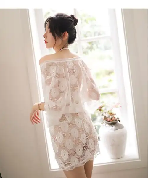 情趣内衣三点式蕾丝浴袍三件套装透明成人性感睡衣家居睡袍8281