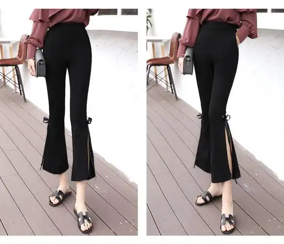 2020新款春秋高腰显瘦微喇叭侧缝开叉女裤修身九分裤女#9610实拍