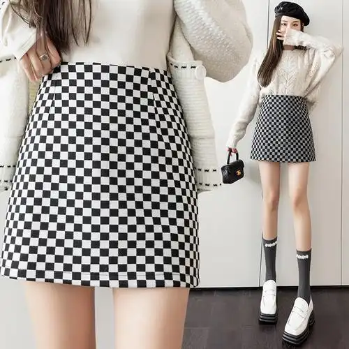 棋盘格黑白格子半身裙女秋冬小个子高腰a字格纹包臀短裙,女装半身裙