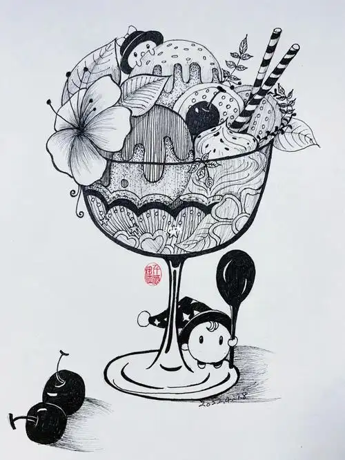 黑白画原创夏天的味道冰淇淋