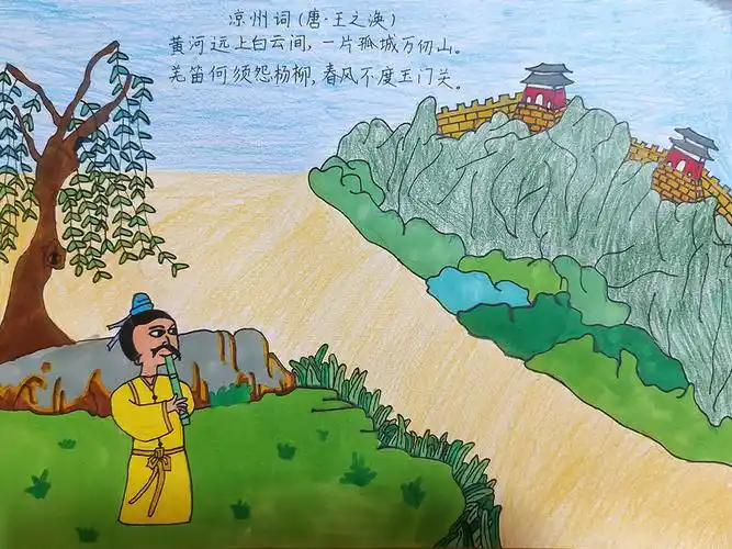 简笔画作品完成图凉州词【作者】王之涣 【朝代】唐黄河远上白云间,一
