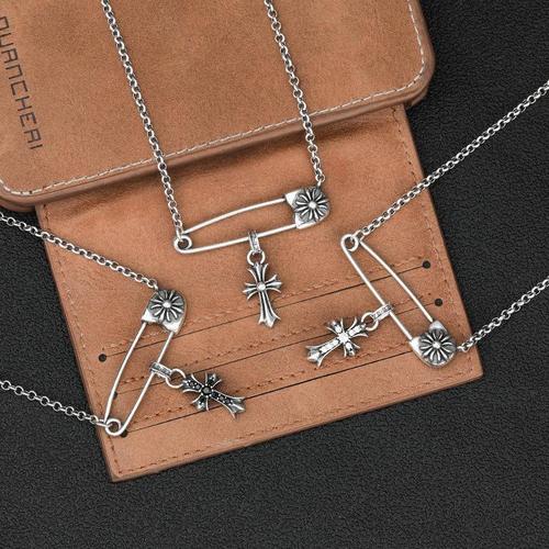 纯银小众十字架回形针双层项链朋克挂饰锁骨链别针颈链克罗心同款