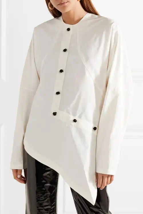 丽朵服饰高级定制2019早春新品不对称纽扣细节棉质混纺府绸衬衫