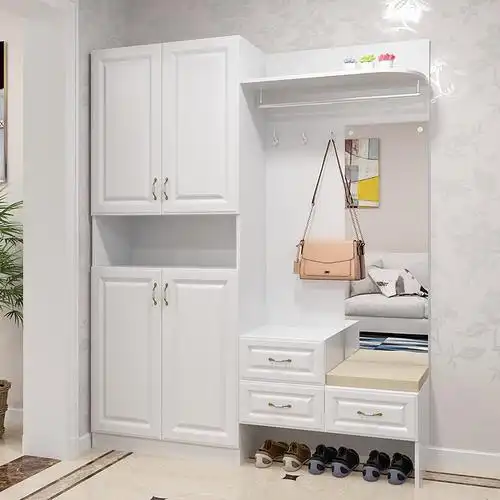 简约现代客厅门口挂衣架带鞋柜组合一体镜子定制整体玄关衣帽门厅