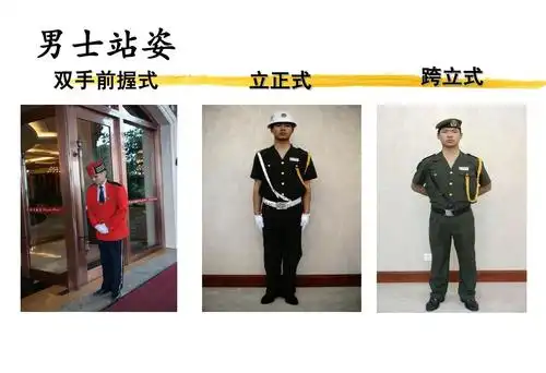 男士站姿 双手前握式 立正式 跨立式
