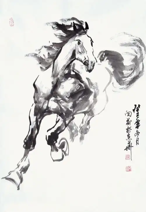 系列作品,其绘画风格细腻,富有神韵,用浓淡有度的水墨表现马的肌肉