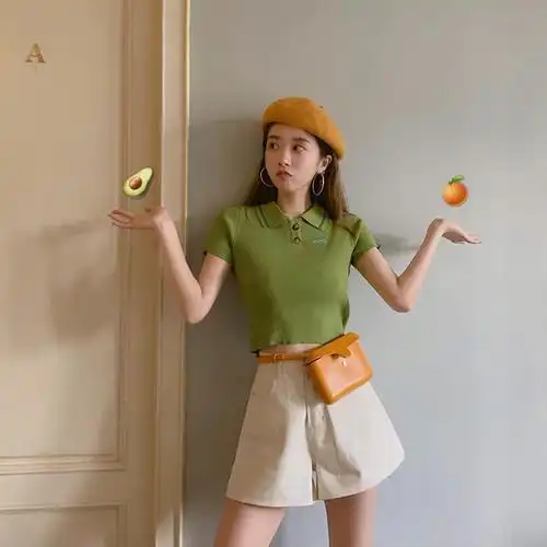 绿色系t恤女牛油果绿上衣泫雅风同款衣服学院露脐短袖紧身polo领