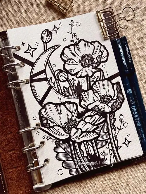 黑白手帐插画61虞美人内附过程