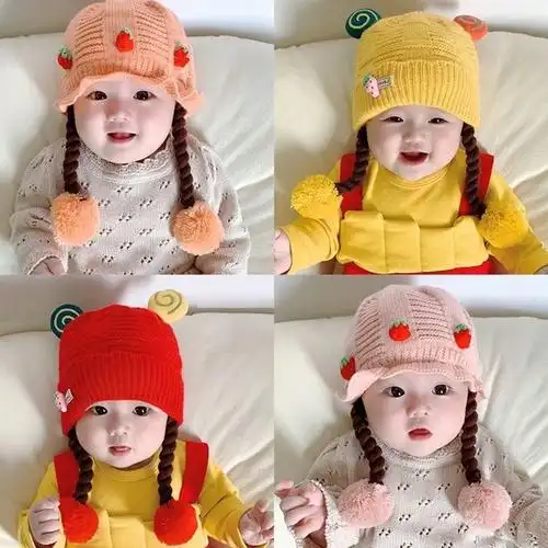 婴儿帽子秋冬款女宝宝可爱超萌假发辫子冬季护耳毛线帽婴幼儿保暖