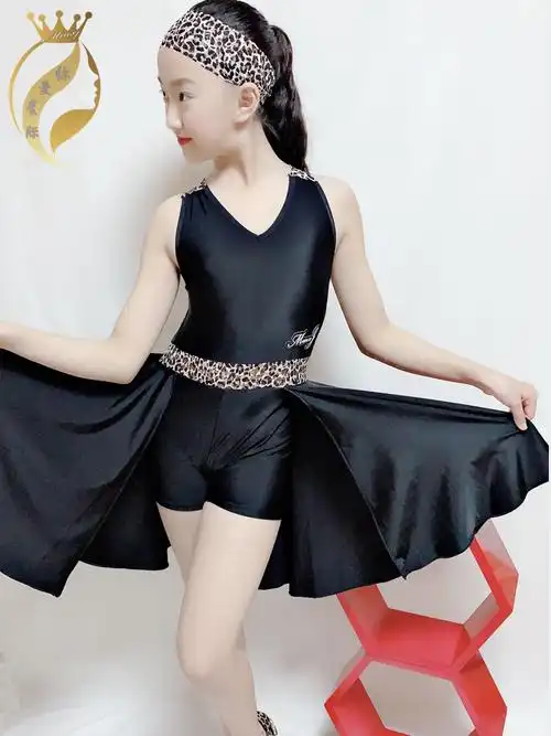 服练功女童新款服装表演拉丁舞儿童夏少儿m服连体黑色豹纹训练短