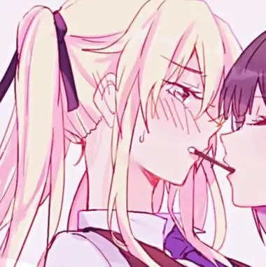 橘里橘气闺蜜头像百合背景白傲娇脸红害羞黄发双马尾吃