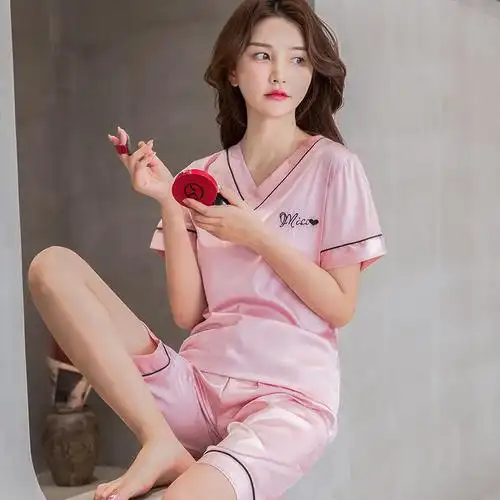真丝睡衣女夏季薄款短袖短裤套装桑蚕丝大码宽松两件套丝绸家居服