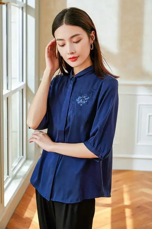 2020年新款春装女装真丝衬衣中老年妈妈装衬衫宽松大码桑蚕丝上衣