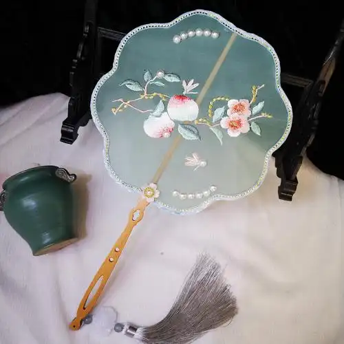 团扇古风长柄流苏舞蹈汉服刺绣双面扇子仙气工艺扇