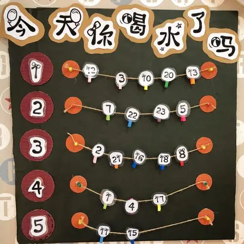 的喝水量,通过夹夹子的方式提高孩子喝水的兴趣,了解幼儿今日的喝水量