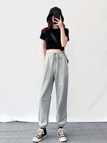 矮个子145cm灰色运动裤女宽松八分束脚九分百搭休闲裤