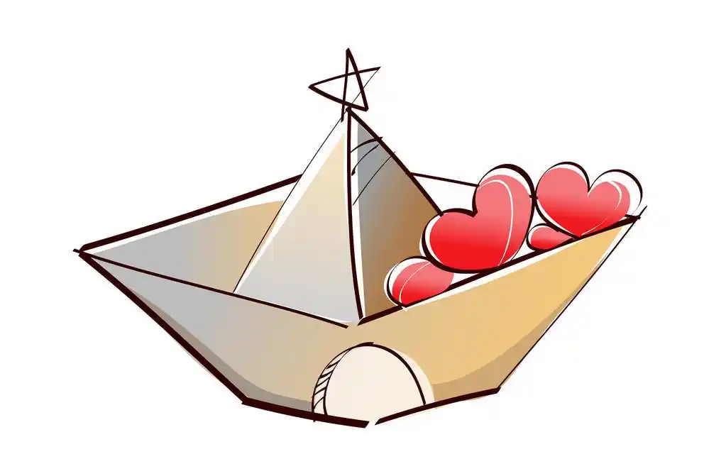 纸的船和红色的心,向量, 纸船和红色的心,在白色的背景