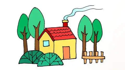 树和小房子简笔画彩色