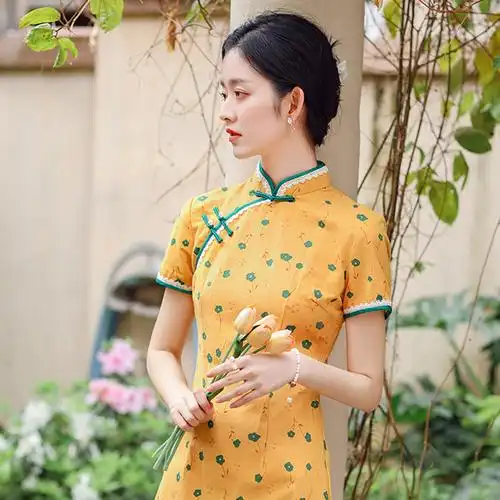 时尚一字扣短款小清新少女棉旗袍 绿边波点小性感斜襟旗袍现货