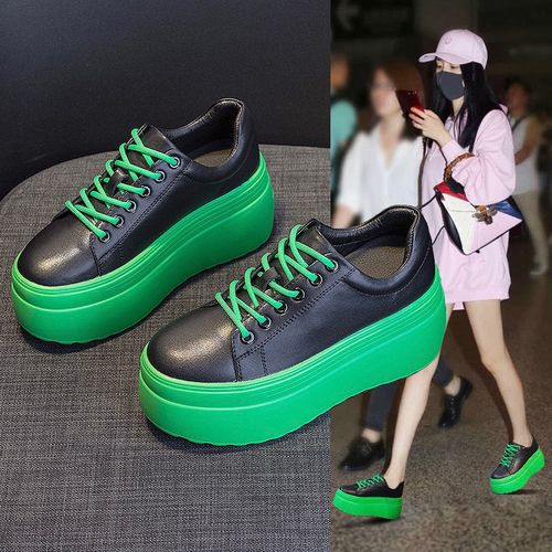 松糕鞋女8cm厚底增高真皮绿色女鞋韩版显瘦休闲小白鞋显高鞋子女