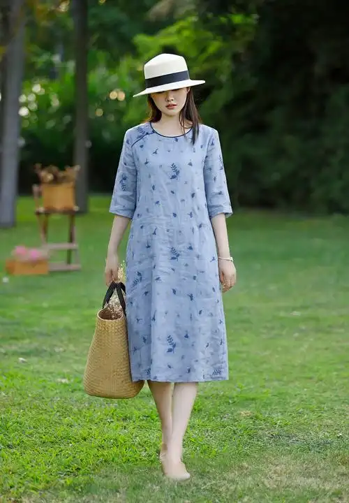 现货 苎麻改良旗袍裙民族风印花棉麻连衣裙碎花裙禅意复古茶服 - 17网