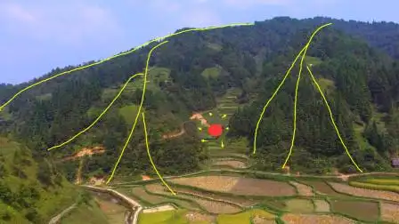 两山夹一沟,穴位刚好处在两山之间,多年难得一见的风水宝地