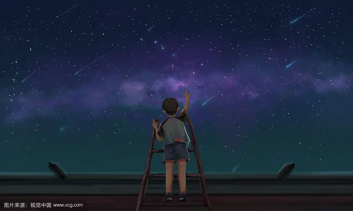 站在梯子上看星星的男孩