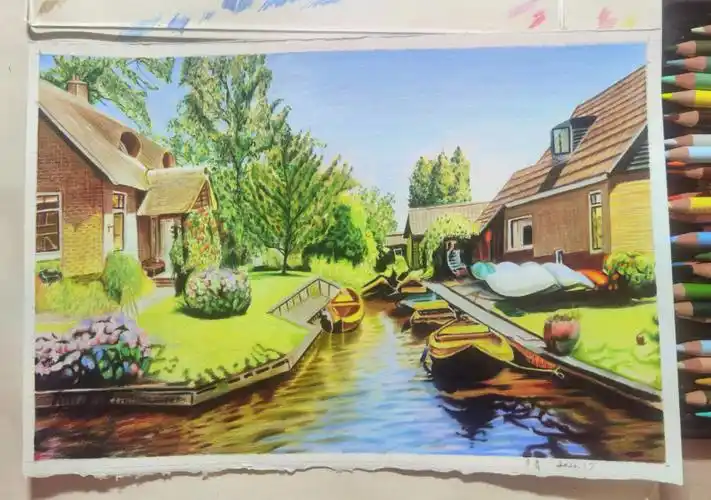 彩铅羊角村风景